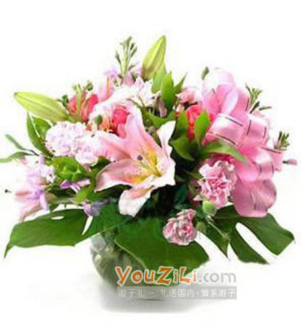 最真的祝福 （已下架）-18枝粉色康乃馨，粉玫瑰12枝，2枝多头粉色香水百合