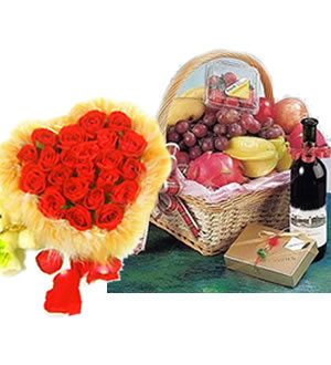 爱，怎一个真字了得 （已下架）-19枝红玫瑰+小熊一只+果篮一个+葡萄酒一瓶+巧克力一盒