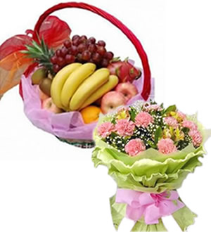 幸福一家人 （已下架）-新鲜水果礼品篮+21朵粉色康乃馨花束
