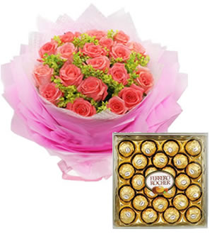 爱你到永远 （已下架）-粉玫瑰花束+费列罗巧克力礼盒
