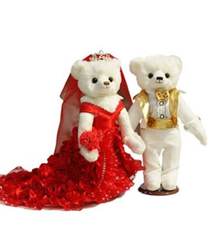 拖尾婚纱情侣泰迪熊一对 （已下架）-婚庆结婚礼品 木质豪华礼盒