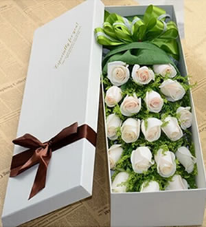 淡香槟礼盒 （已下架）-19枝香槟玫瑰，绿叶点缀，礼盒包装
