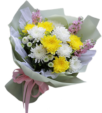 轸念（悼念花束）-白色菊花6朵，黄色菊花5朵
